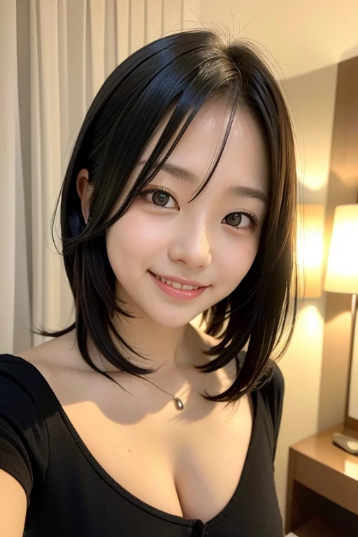 uma de uma mulher ela tem cabelo preto with bangs, Hime black haircut, ulzzang, korean, with short hair with bangs, with short hair, dilraba dilmurat, garota gótica korean cruel, white hime cut hairstyle, hair styled like bangs, with bangs, korean symmetrical ,,,,,,,,,,,, She smiles with a dimpled smile and a touch of white teeth.. The image is captured in high quality, with sharp focus and volumetric lighting that accentuates your features. The detailed, realistic skin texture resembles a masterpiece, as if it were taken with a DSLR in soft lighting. She wears light lipstick. The atmosphere is sensual and captivating, as if telling the story of a confident and attractive woman. ,generous neckline. hot sensual air
