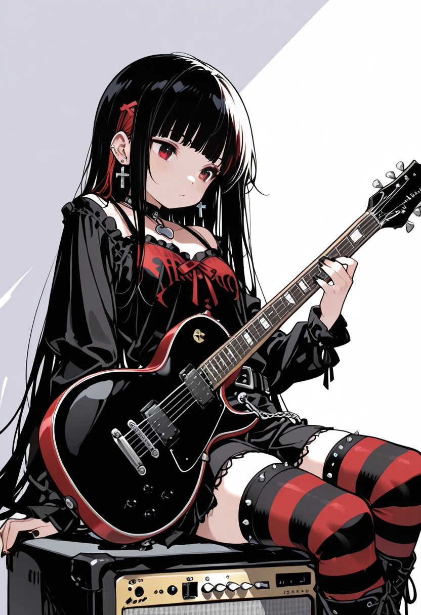 (masterpiece, best quality), 1girl, 16yo, realistic, black dress, red tie, goth, (white panties), panties over pantyhose, upskirt, (red electric guitar), standing, vibrant colors, abstract background, lines geometric, night, dark theme, high contrast, deep shadows