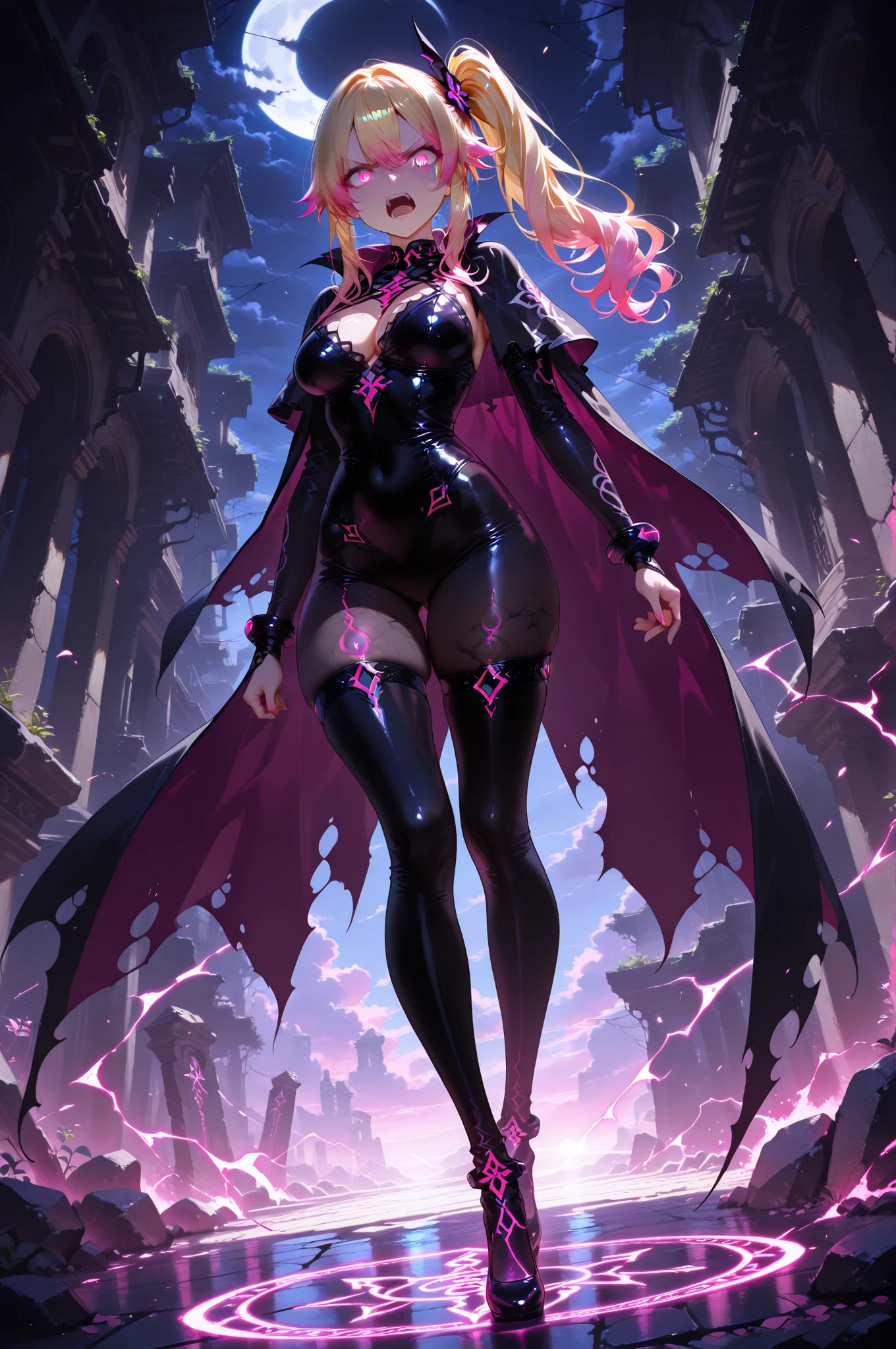 A colossal giantess succubus walks into a tiny city, breaking the floor and everything with her heels, she looks down and mocks you as you see him from below her tiny tits, full bodysuit and long legs covered all in transparent pantyhose, look down, evil, better quality, close, photo under her,