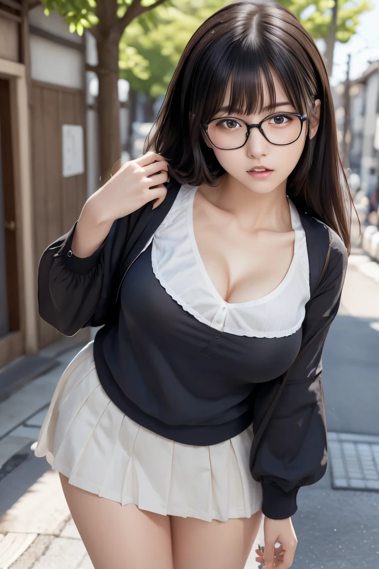 The breasts are quite big, sweetheart, sensual face, 黑The eye, round frame glasses,black hair color hair, Slim, A sexy pose, 校服,White tights,high high quality, actual, Beautiful light, Complete details, Campus background