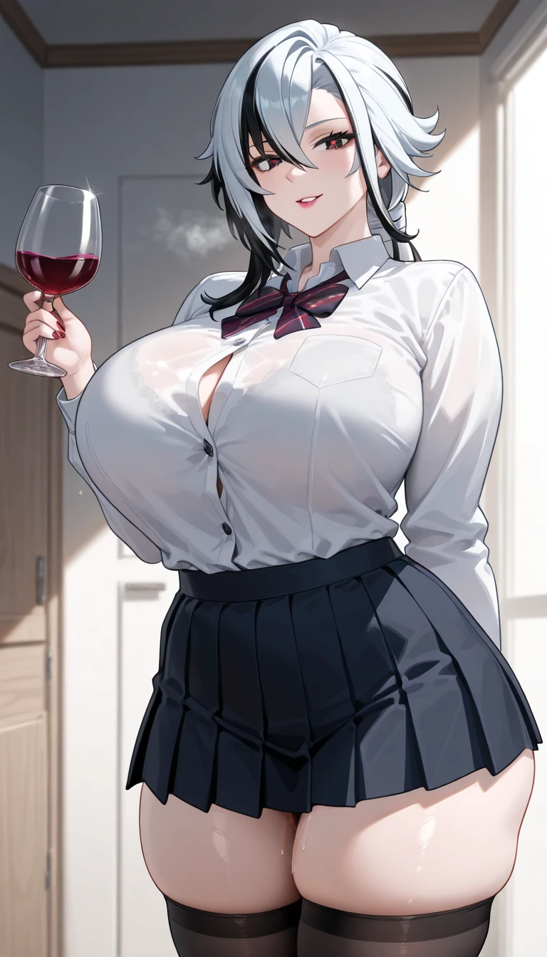 (8K, Best Quality, masutepiece:1.4), (Intricate details:1.3), (Realistic), (Ultra-detailed), 1girl in, Solo, (married woman、age 40s)、Beautuful Women、A MILF, (Sensual smile:1.35), Front view, (Leaning forward:1.2), Showing cleavage, Looking at Viewer, chies, Detailed long hair, (Fluffy long black hair), Detailed eyes,, Hourglass body shape, (Sensual curvaceous body:1.1), (Huge breasts), thick thighs, wide hips, Small waist、(Schoolgirl Uniform、Pretz Mini Skirt)、 Realistic lighting, natural soft light, Dynamic lighting