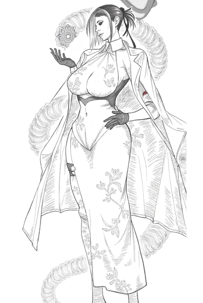 a drawing of a woman in a dress holding a bat, hands behind her body pose!, detailed but rough, thick linear, full body drawing, thick outline, full body concept, full body portrait of a short!, thick outlines, realistic proportions sfw(colouring)