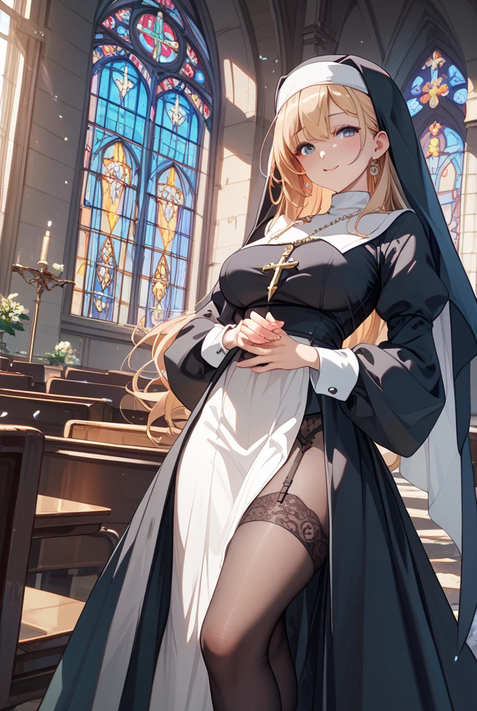 masterpiece, best quality, highres, aasister, long hair, nun, habit, white capelet, neck ribbon, (black short dress:1.2), long sleeves, white gloves, full-length zipper, church, indoors, standing,ass,from back,,looking viewer,smile,panties