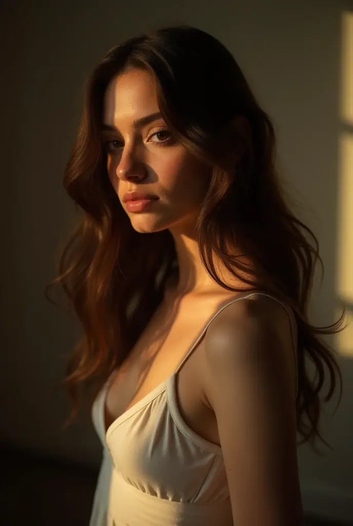 Girl with a sharp jawline, facing 45° from the viewer, wavy long hair, medium breast, nude