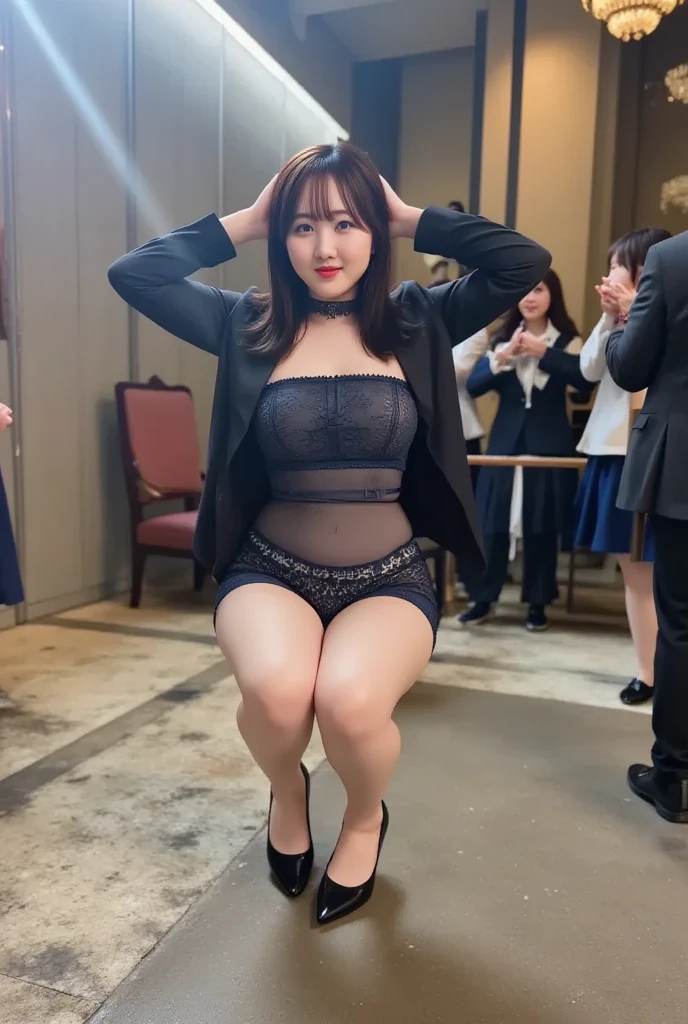Full body composition,(tmasterpiece,top Quority,best qualtiy,offcial art,Beautiful and:1.2),(Composed of multiple people),Extremely detailed,Colorful,highestdetailed,offcial art,统一 8k 壁纸,ultra - detailed,At a crowded lewd party,smooggy,under a spotlight,In full view,Busty sexy woman wearing dress,Squat and touch each other with a lot of men,splits legs,Intoxicated expression,Posture of shame,,Superskirt,high-heels,Sexy stockings,Oversized earrings,Hyper-dynamic pose,Super realistic style