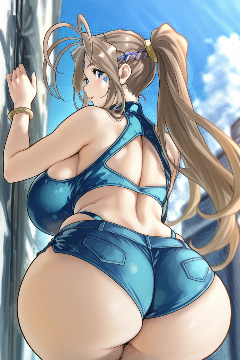 masterpiece, best quality, beautiful art, high resolution, well formed hands, body and fingers, 1 woman, solo, Haruhi Suzumiya, hair ornament, adult, grown up, big breasted, cleavage, full body, braided long hair, blue_kunoichi_dress, wearing DOA Kasumi's blue kunoichi dress, sleeveless, white stockings, gorgeous legs and thighs, dancing seductively and erotically, turning backwards and forwards, showing her back and front, showing her butt, t-back,, white thong, smiling joyfully, looking at the viewer, flirting, beach environment