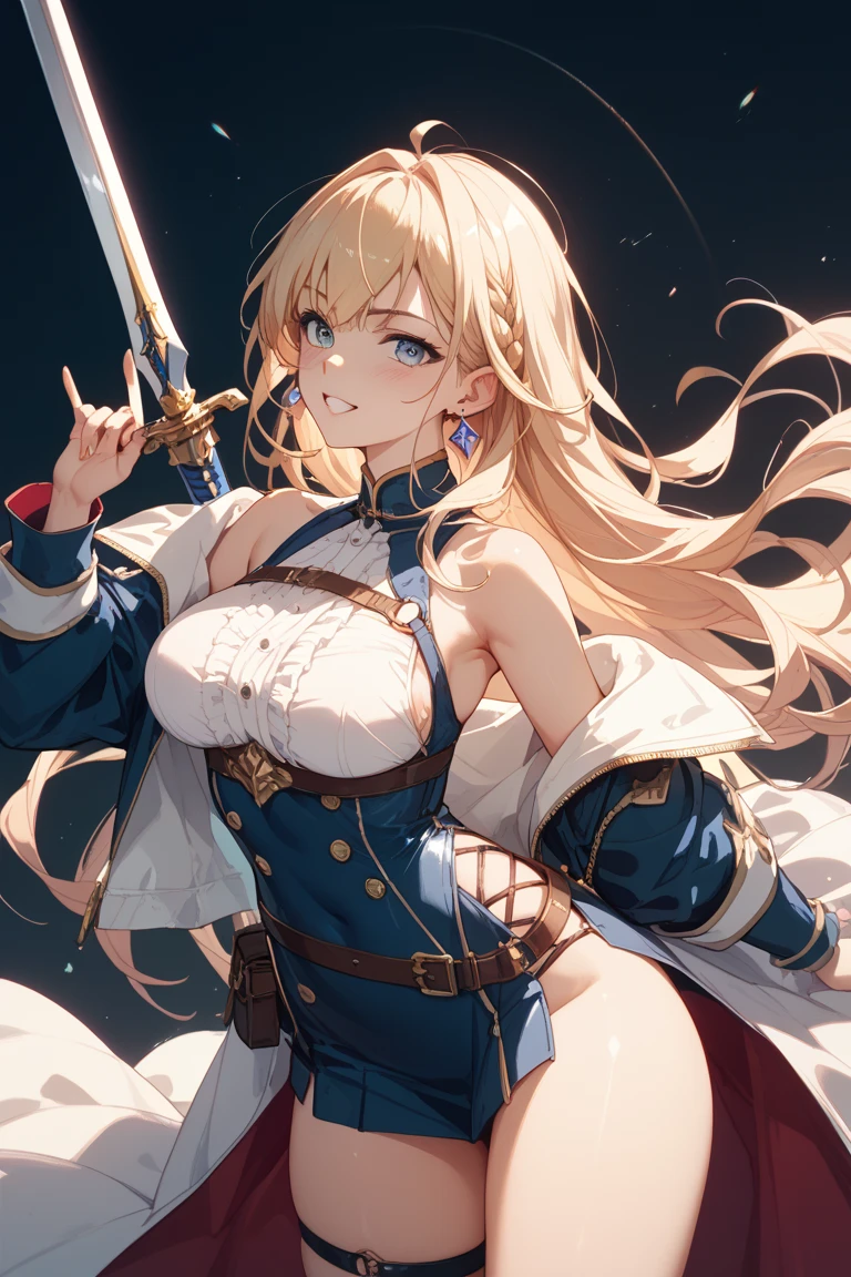 Masterpiece, Top quality, (1 beautiful girl), junior high school student, Blonde, short Hair, Braided hair, wavy Hair, blunt bangs, standard weight, (very flat chest):1.6, cleavage, (very large dark sorceress long robe with hood):1.3, pleated skirt, angry, open mouth, with a magic staff, attacking with magic, beautiful scene of fantasy world, cowboy shot, from above, Clothes swaying in the wind