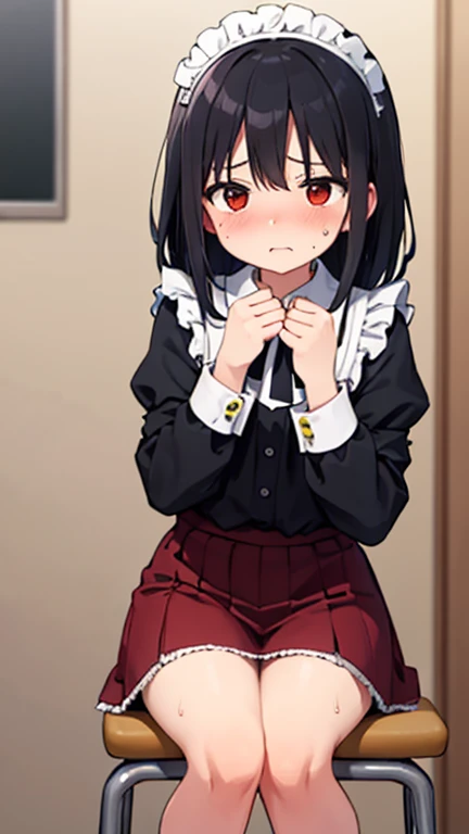 nsfw,Bedroom、on the bed、sit、((((skirt lift))), (((skirt lift by myself))),((( clothes lift))))、lift up the skirt、flip the skirt、turn to the side、Turn your face away、Watery eye、blush、Kaguya Shinomiya、red eyes,red ribbon,hair ribbon,bangs,short hair,side lock,folded ponytail,black hair,parted bangs, Uniform of Shunaiin Gakuen,black dress,neck ribbon,clavicle,white sailor collar