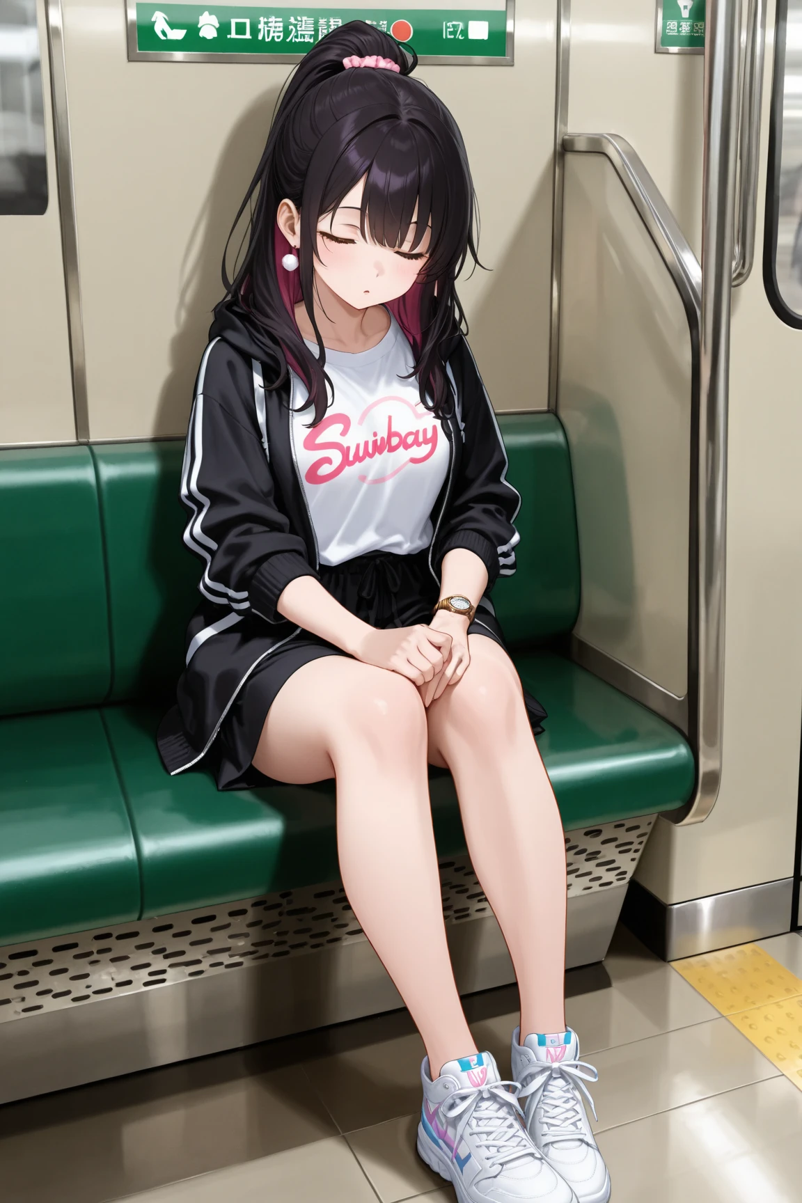 cute anime girl - long black hair - grey headset - closeup shot - pretty brown eyes -black jacket - sitting back


