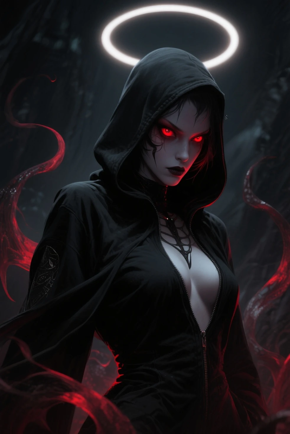 girl, dark, glowing eyes, evil, evil and scary look, raven nearby