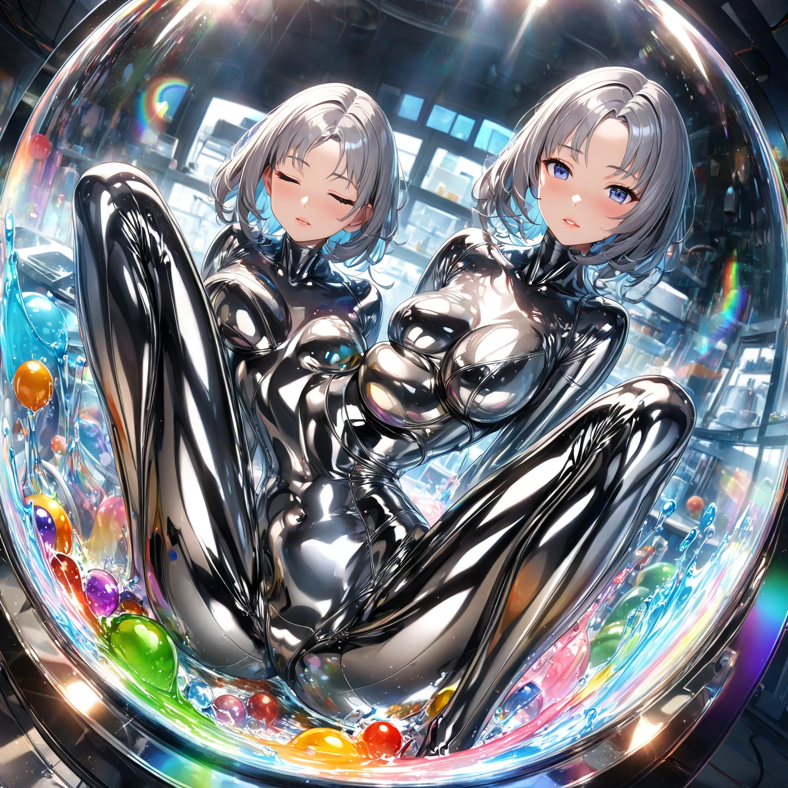 a woman in a wetsuit, posing for a photograph, perfect android girl, shiny latex, futuristic glossy latex suit, wear latex, Latex dress, wear a black latex suit, cute girl in a vest, latex outfits, cute cyborg girl, Photorealistic ideal body, shiny black dress, beautiful white cyborg girl, tight outfit, wrap glossy leather, lesbian, girl kisses girl,young girl, two girls, lesbian, girl kisses girl, girls sex goo queen, Short silver hair, Blue eyes, body in black tight latex, body covered with black mucus, orgasm, masturbation, lies in black goo , drowning in black goo , a lot of black goo , girls swallow black goo , masturbates with mucus