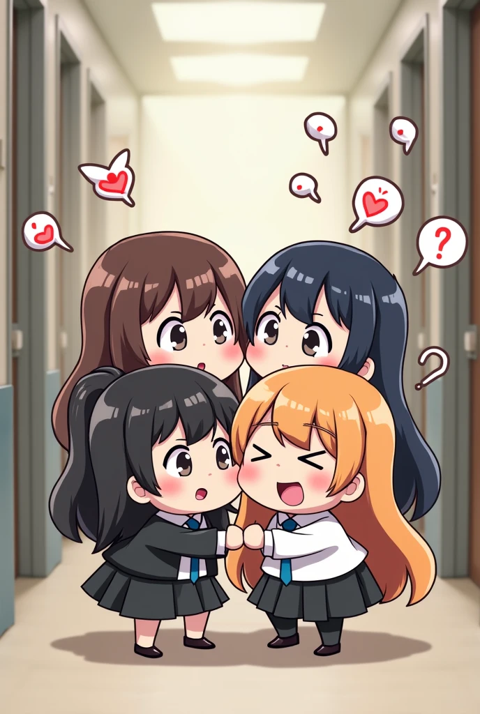 Group of chibi female office workers, blushing and whispering - SeaArt AI