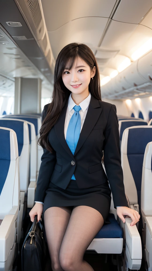 masutepiece, Best Quality, 8K、fullbody image、full body photographed、(Golden Ratio Face、Balanced eyes、very gentle eyelids)、二重まぶた、Beautiful nasal muscles、Shy laughter、lipgloss 、Very beautiful girl、Beautiful girl solo like a model、View photographer,woman wearing gray jacket and skirt,((Blue accent costume flight attendant suit,Stewardess uniform,Stewardess uniform(Look at viewers,Inside the plane:1.2)、(Black pantyhose)