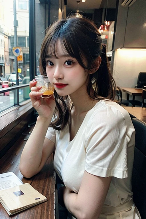 (Best-quality, Masterpiece, Ultra-High-Resolution, (Photorealistic:1.4), Raw Photo, depth of field, professional lighting, perfect anatomy, extremely details), 1girl, 15-years-old, the most famous Japanese idol, upper body, wearing T-shirt with cute-design, ((drink a shot of scotch in pub)), extremely cute face, ((extremely beautiful big-eyes)), extremely beautiful hair, extremely beautiful skins, extremely beautiful long-eyelashes, extremely beautiful lips, looking at viewer, innocent smile, detailed pub