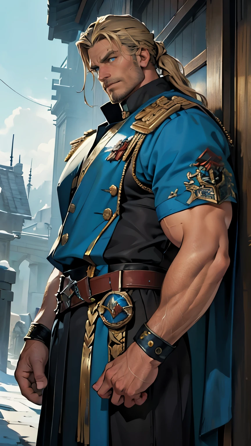 ((Best quality)), ((masterpiece)), ((realistic cartoon)), ((perfect character)):
In this stunning and highly detailed realistic cartoon, we present a male human. The man stands tall, a middle-aged man, and he's from Warhammer 40K, and powerfully built, he has fair skin, and long blond black hair. he had royal blue eyes, wore an old blue military uniform miexd with togas, and had a strong balanced muscle body.
Every element of this masterpiece is carefully designed to create a sense of realism and immersion. The intricacies of the man's clothing, the mesmerizing effects of the area around him and he was in landscape in winter season, and the level of detail in his weathered face all contribute to a captivating visual experience. This artwork is presented in stunning UHD resolution, allowing you to appreciate every nuance and intricacy in breathtaking detail.
Eye level, scenic, masterpiece.