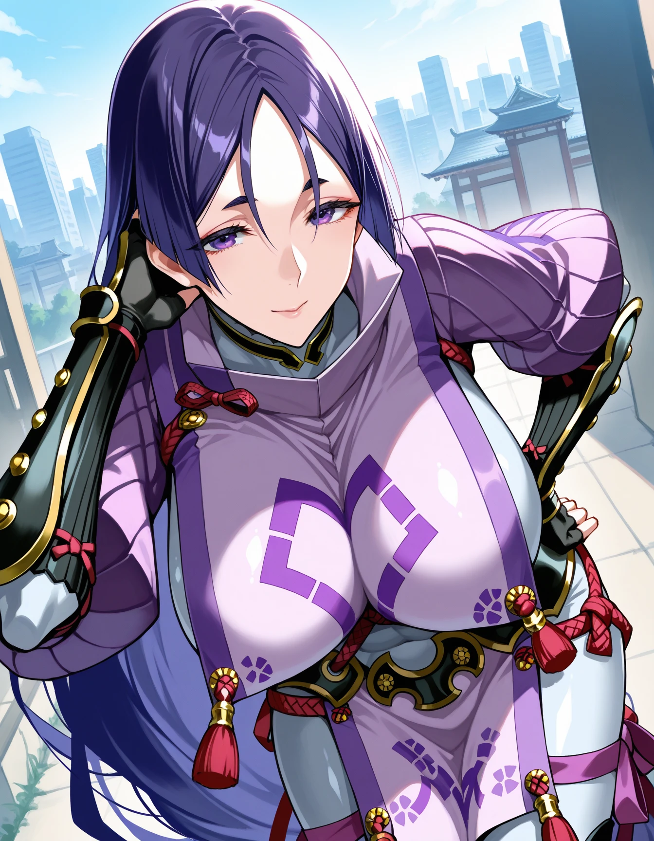 (high quality:1.2), intricate detailed, digital art,
(Hotaru:1.1), 1girl, solo, standing, crossed arms, cowboy shot,
looking at viewer, determined, smile, smirk, short hair, forehead, (headband:1.1),
ninja, short kimono, off shoulder, turtleneck, (fingerless gloves:1.1), sash, thighhighs, fishnets,
large breasts, curvy,
outdoors, east asian architecture, japanese garden, day, cherry blossoms, sky, sunset, complex background,, (gigantic breasts: 1.4), (pinkish red eyes: 1.4), (light lavender hair: 1.6), cowboy shot