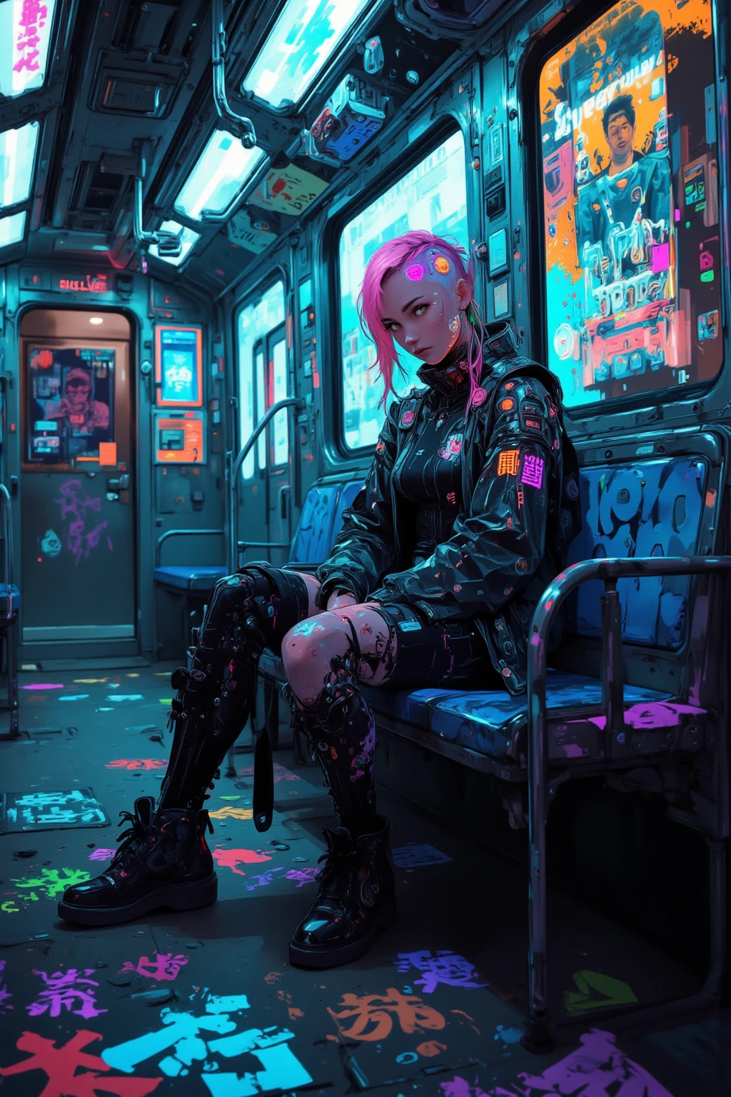 The stage is a subway car with dim neon lights shining in,a cyberpunk ...