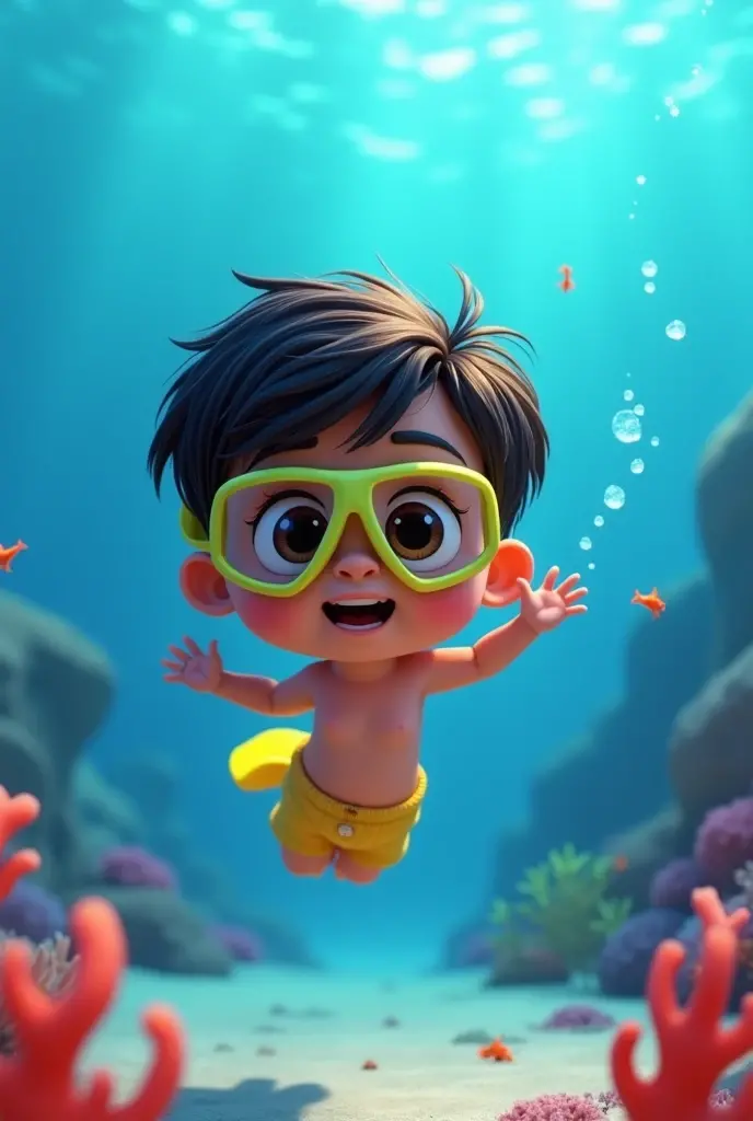 disney pixar character, children, snorkeling, under the sea, animation, high quality  
