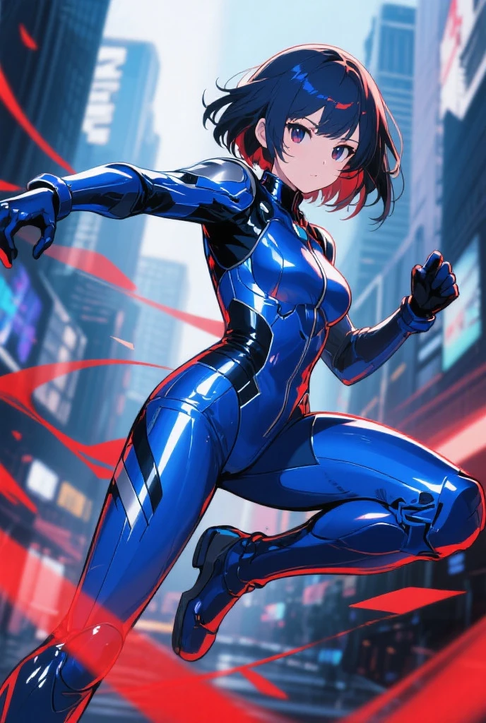 Masterpiece, Best Quality, Highly detailed, illustration, absurdres, street fighter, doll suit, shadaloo doll, nazi saluting, military, military saluting, salute, 1 girl, solo, expressionless, emotionless eyes, looking at viewer, red gloves, emotionless, black latex, corrution, zofa suit, zofa soldier, mind control, female combatant, full body, hypnotized, standing, standing at attention, unhappy trance, full body suit, blue reflection, hinako shirai, black hair, blue eyes, Heterochromia
