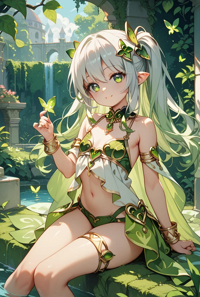 ((best quality)), ((masterpiece)), (detailed), 4k, green skin, pointy ears, goblin girl, cute, innocent, naive, absurdres, soft skin, wearing leaf bikini, holding a large present, surprised expression, receiving a gift, holding a large birthday present, looking at present in hands, has a birthday present in her hands, medium breasts, has a birthday present in her hands, happy, long messy green hair, detailed eyes