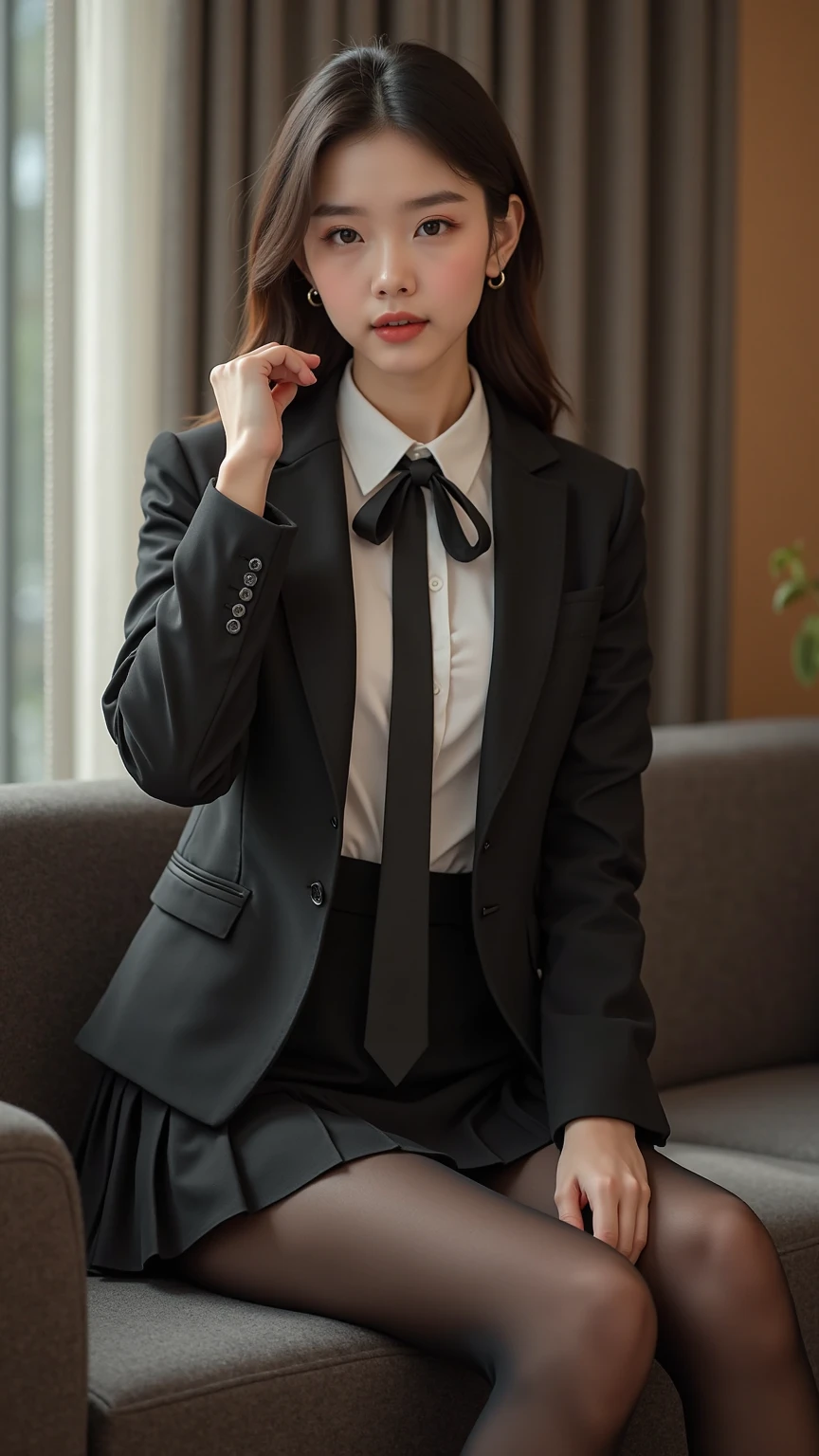 top-quality、Super Detail、front of view、、((wearing school uniform)),、a、You can see up to the feet、skinny thigh、perfect hand、perfect foot、Perfect body、Sexy Shots, Photorealsitic, 8K、The lateral chest is visible、、Ordinary chest、Beautiful body lines、being thin、short hair、Skin revealing,,((plaid miniskirt)),,((plaid ribon,plaid bow)),in classroom,,,(((showing race panties))),,wavy short and Brown hair,makeup,blazer style uniform,sitting on the desk,detailed panties,cute panties,spreading legs