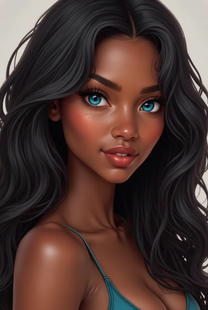 Drawing of an avatar of an adult with dark skin and dark straight hair 