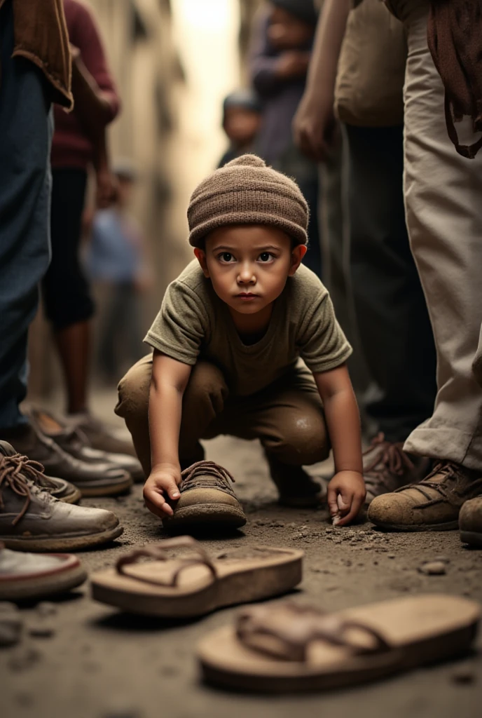 A boy with old clothes wearing and he make a sculpture made from small wood and stone on street 
