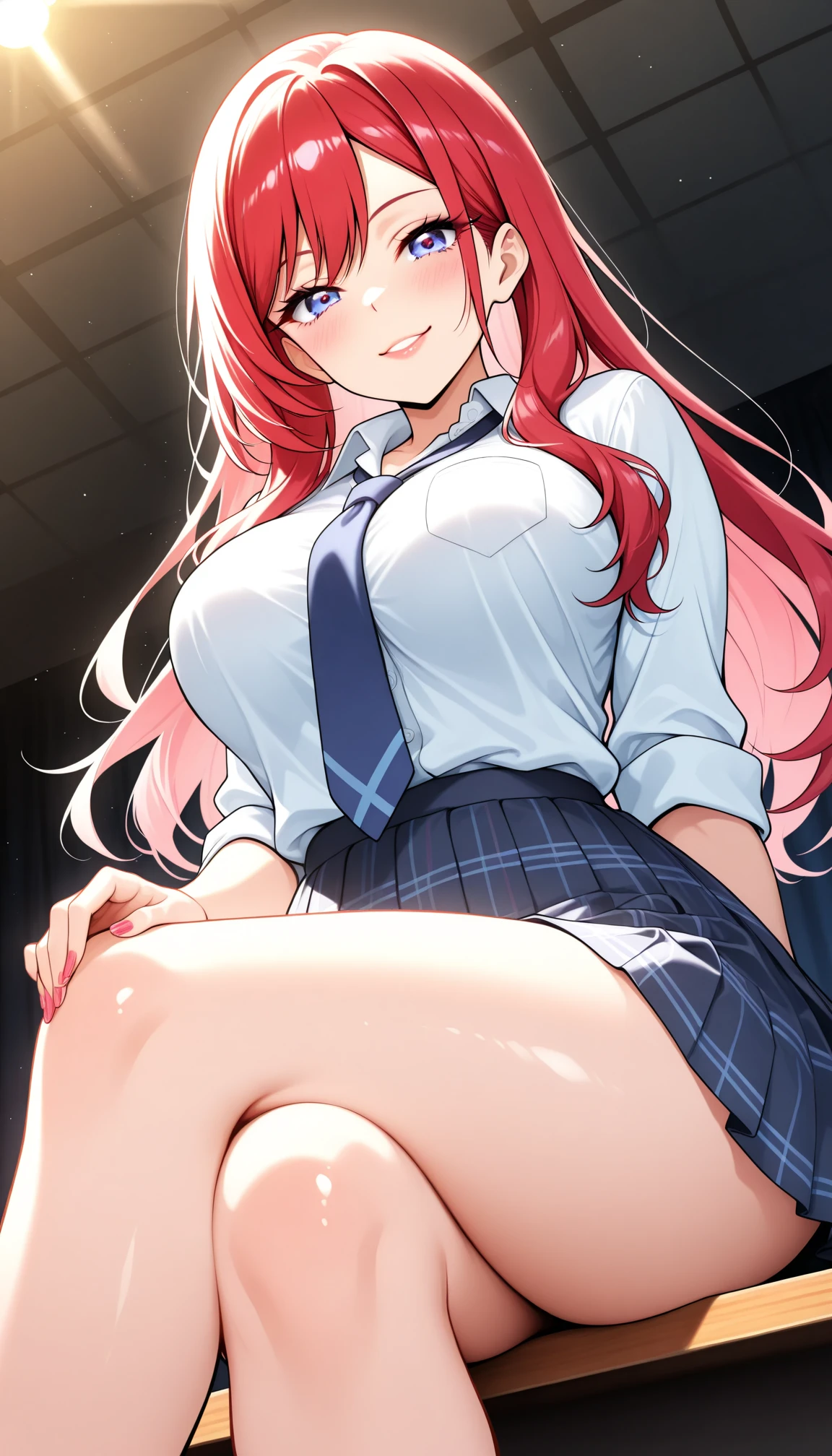 1girl in, Parted lips, blush, makeup, lightsmile, School uniform, Full body, Wide Angle, From above, crass room, llight rays, Glow, thighs thighs thighs thighs, 鎖骨, Narrow waist, (masutepiece), Wallpaper,Wet body、Micro lingerie that can be seen even over clothes、Drooling、White socks、Open your crotch、Breast bulge