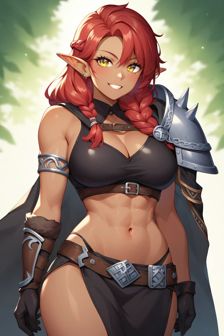 small breasts, bikini top, shorts, long hair, orange hair, elf, (mature face:1.4), choker, goth boots, armor, freckles, anime style, (dynamic shadow:1.4)