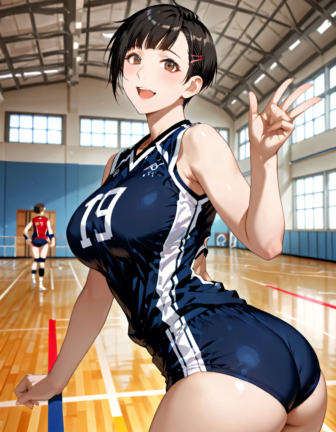 Arafe woman in blue and white uniform posing for photo, Wearing a volleyball jersey, Wearing a leotard, mayuri shiina, Cute girl in a tank top, Nishimiya Shoko, chiho ashima, Indoor shooting, For whom?, Japanese Model, Wearing a swimsuit, Close-up shot of half body, Close-up body shot