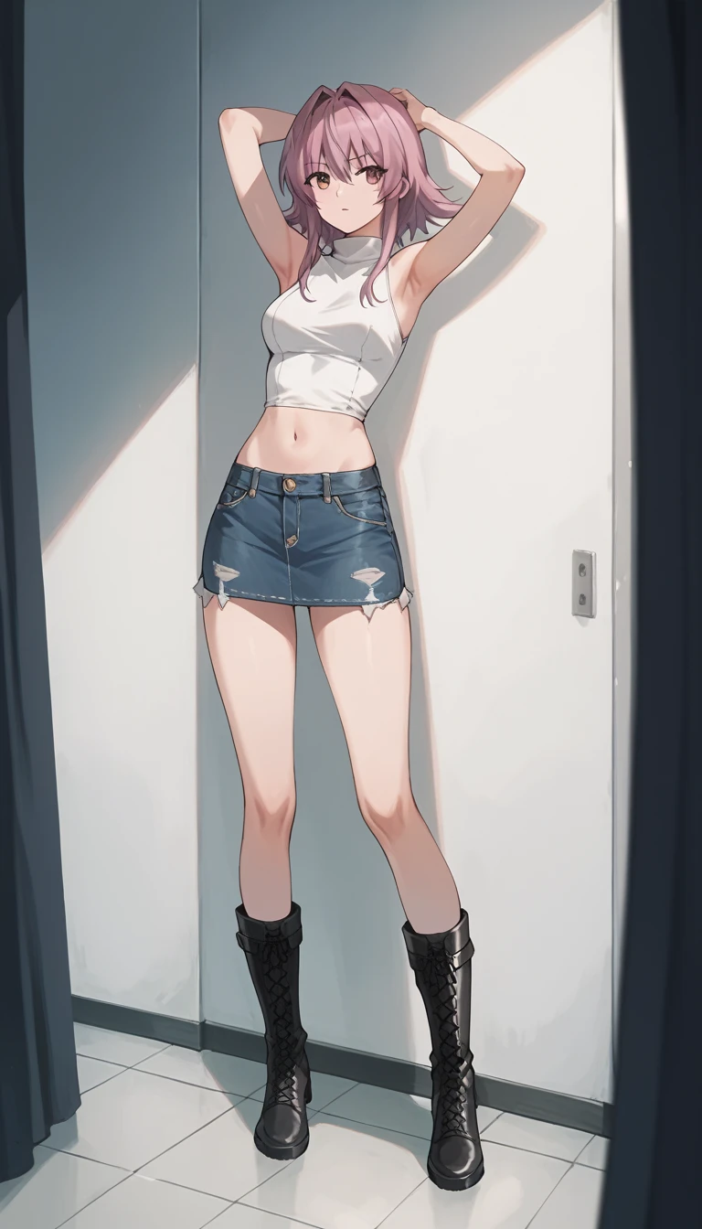 Girl leaking urine Light blue sports shorts Lying in bed blushing Shyness and embarrassment Sweating profusely Covering the crotch with one hand and putting one hand on the bed, clothes(0.2)