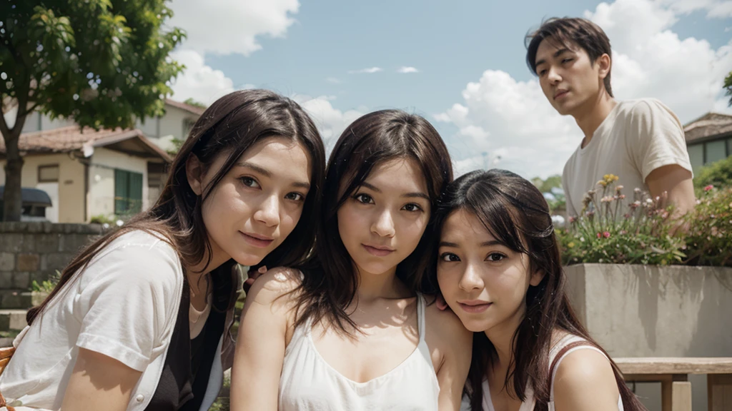 ((Best quality, masterpiece)), group photo with eleven people. lifelong friends, warmly embracing, smiling ear-to-ear, surrounded by lush greenery and a crisp blue sky, basking in the sunshine of a perfect day.