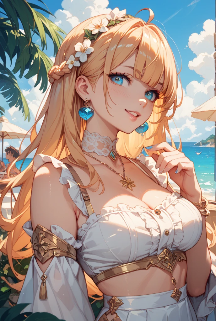 1People Girls、Asuna,STAR, Crown Half Up Hairstyle,Free Pose、Shoulder Off、Gorgeous big cleavage、Captivating smile, Luxurious brown outfit, evening, Sunset sky, sunset