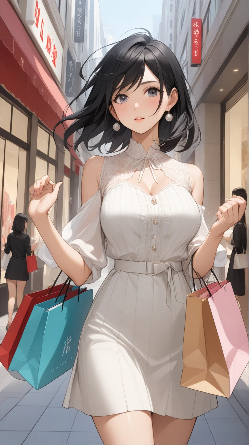 ((14 year old pre-teen girl)), tiny black dress with square neckline, cleavage breasts, black tights to the waist, high heels, close-up, very light skin, very long hair, pigtail hairstyle, shopping mall , photorealistic, indirect lighting, volumetric light, ray tracing, hyperdetailed