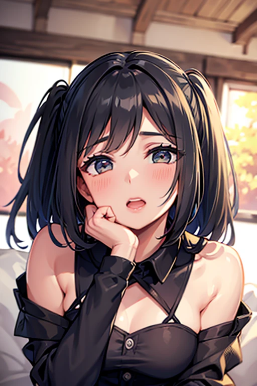 highest quality,wonderful,finely,extremely detailed CG Unity 8K wallpaper, (1 huge :1.2), (1 girl,black hair, blue eyes,double bun), (:1.1), (top less:1.1)