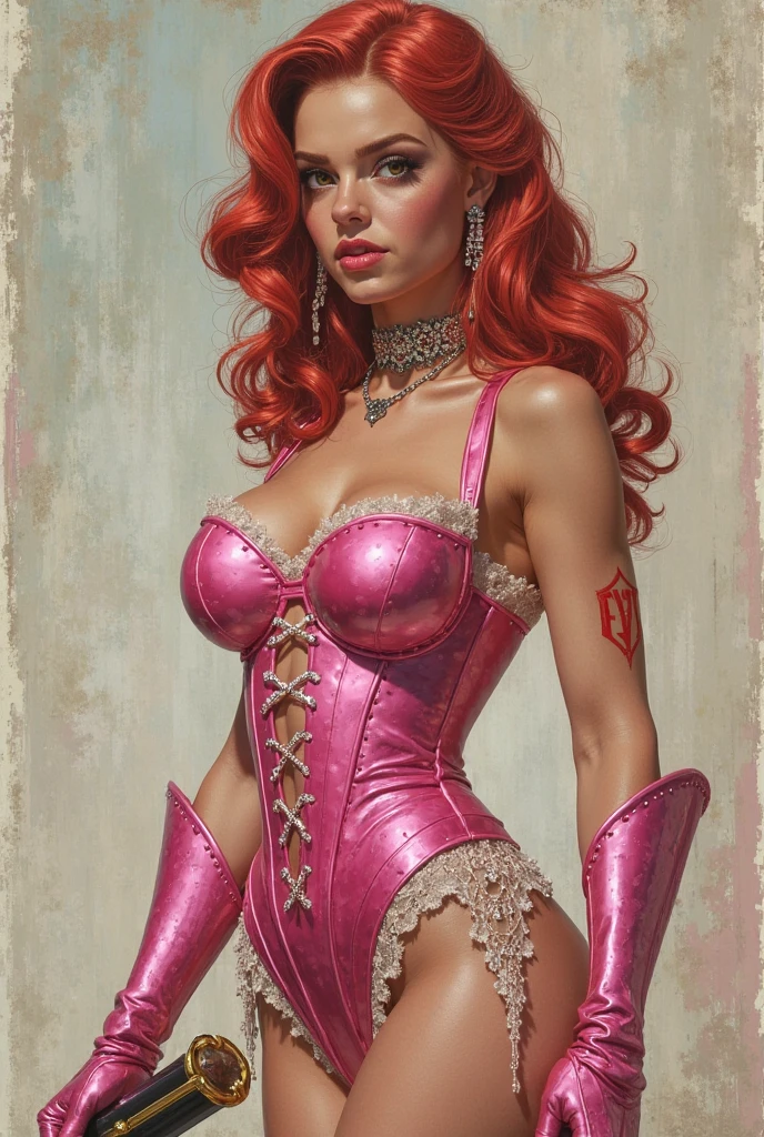 Beautiful woman in Art Deco fashion style, pink hair, dancing, gigantic breasts, full body shot