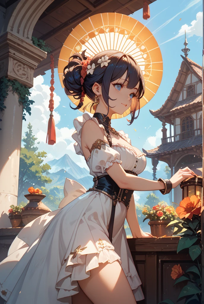 Best quality，4k，masterpiece，Traditional Chinese wooden buildings near the beach，ornate carvings，Exquisite lattice windows，Peaceful atmosphere，Tranquil sea breeze，Sunlight，plant，Vibrant colors，Natural and architectural，A fusion of traditional and modern elements，Girl，Beautiful coastal landscape，Golden sand，Peaceful beach，natural beauty，Timeless elegance，Unique charm