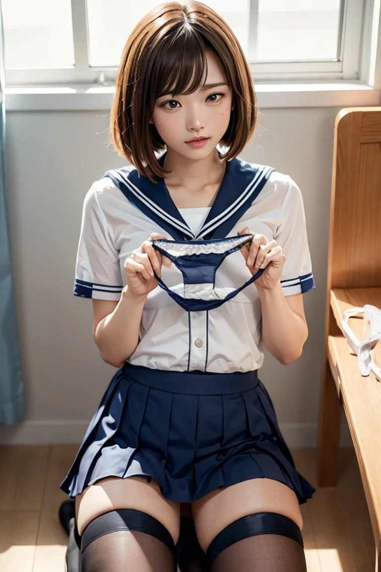 (masterpiece:1.3)、Very fine finish、(High resolution、8K:1.3)、(Highest quality)、(Ultra-realistic as a photo:1.3)、Correct limbs、Anatomically correct, The face is in focus、Sitting in a chair、I can see your thighs、Sexy super high resolution face、The face is in focus、Ultra high definition and beautiful eyes、Concentrated eyes、Eyes are symmetrical:1.3、High quality and beautiful skin、Firm Skin、Ultra HD Hair Texture、Japanese women、20-year-old、Red Hair、Short Bob Cut、very cute, Half Up:1.3, high school girl、high school girl break (Short-sleeved high school girl uniform、Short-sleeved sailor suit:1.3), (Embarrassing:1.3), (blush:1.3), (Troubled expression:1.3), Mr..々Shooting angle:1.3, View your viewers, Browsing Caution, Licking fingers、Yellow wall