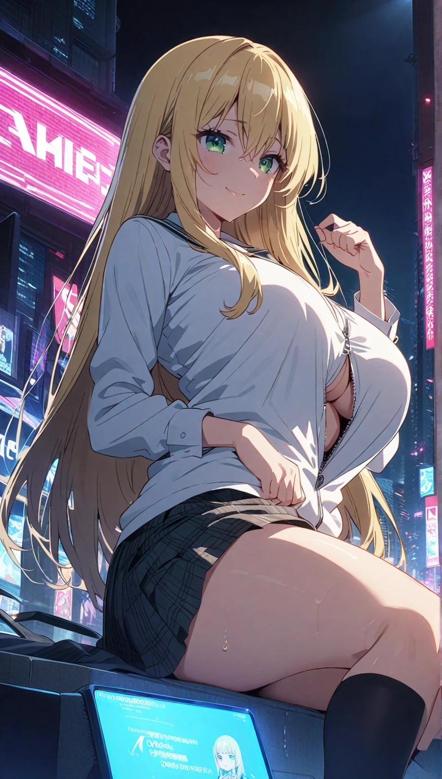 (masterpiece:1.37), best quality, (extremely detailed:1.37), woman, mature, adult, large breasts, very long hair, (straight hair:1.5), blonde hair, blue eyes, (extremely detailed eyes:1.37), crop top, cleavage, navel, jeans, open fly, (groin:1.25), desperation, (wetting: self 3.0), standing, city, futuristic, neon lighting, high-tech, street