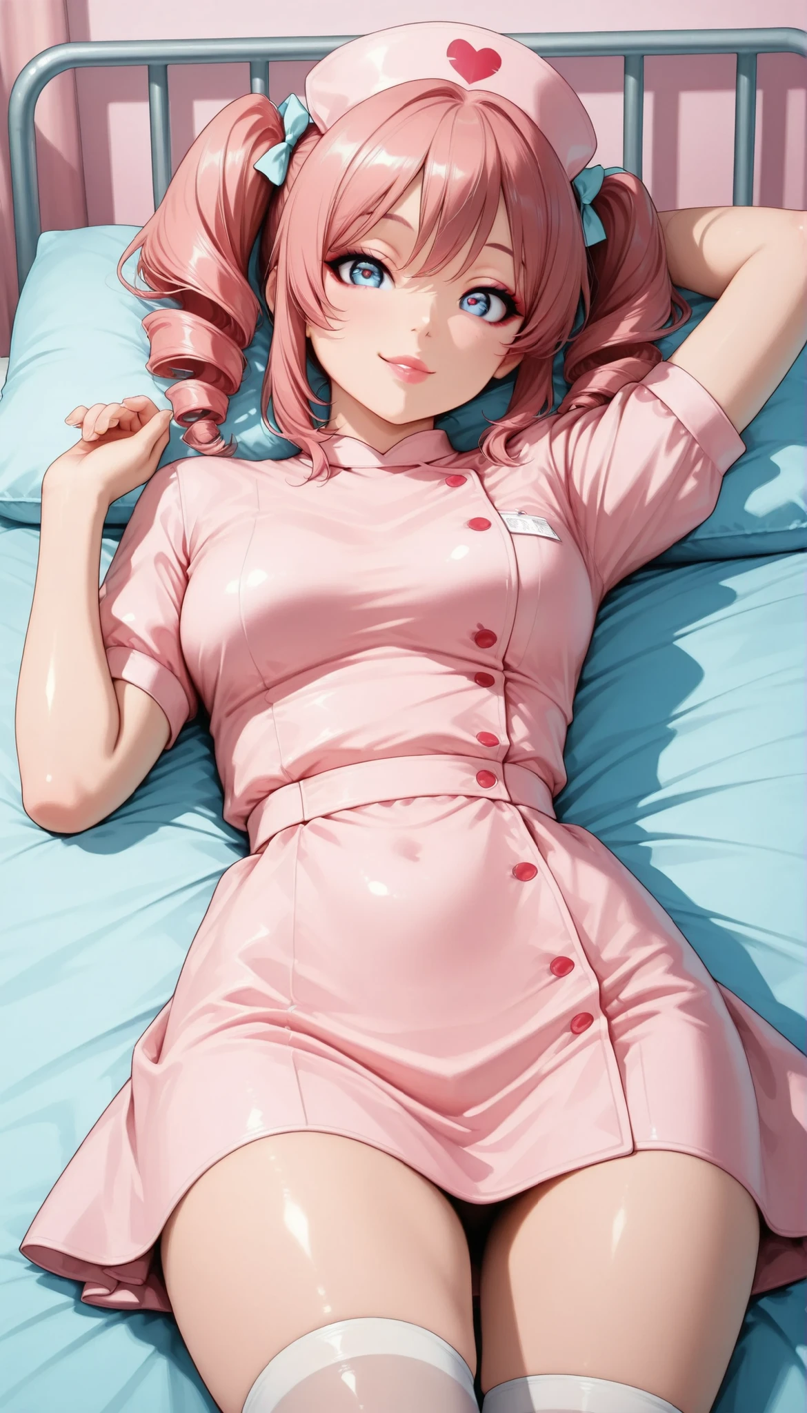 1 female, Pretty Pretty Girl, Miho Nakano, pink hair, twin drill, comic style eyes, droopy eyes, kawaii, pastel color, beautiful eyes, beautiful lips, glossy skin, (nurse outfit, Pink Nurse, cowboy shot, Hospital room, bed, lie on your back:1.1, with your hands behind your head), Lavish Atmosphere, masterpiece, Highest Quality, Ultra High Definition, Photorealistic, 8K Ultra HD, hyper details, CG illustration, soft focus, neutral color,