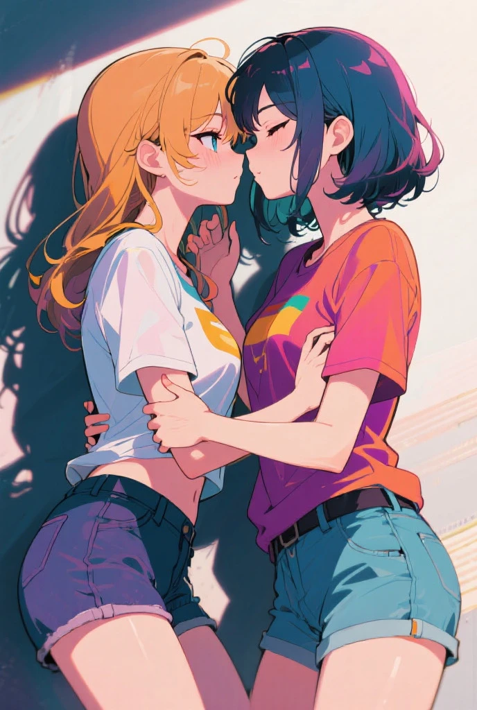masterpiece, best quality, 2girls, young teen, slim, flat chest, school shirt, (white panties), walk the park, hugging, kissing, love, blush, smile, (wide angle, fisheye), (view from below), summer, vibrant colors, psychedelic, soft light, bright, anime minimalist, watercolor