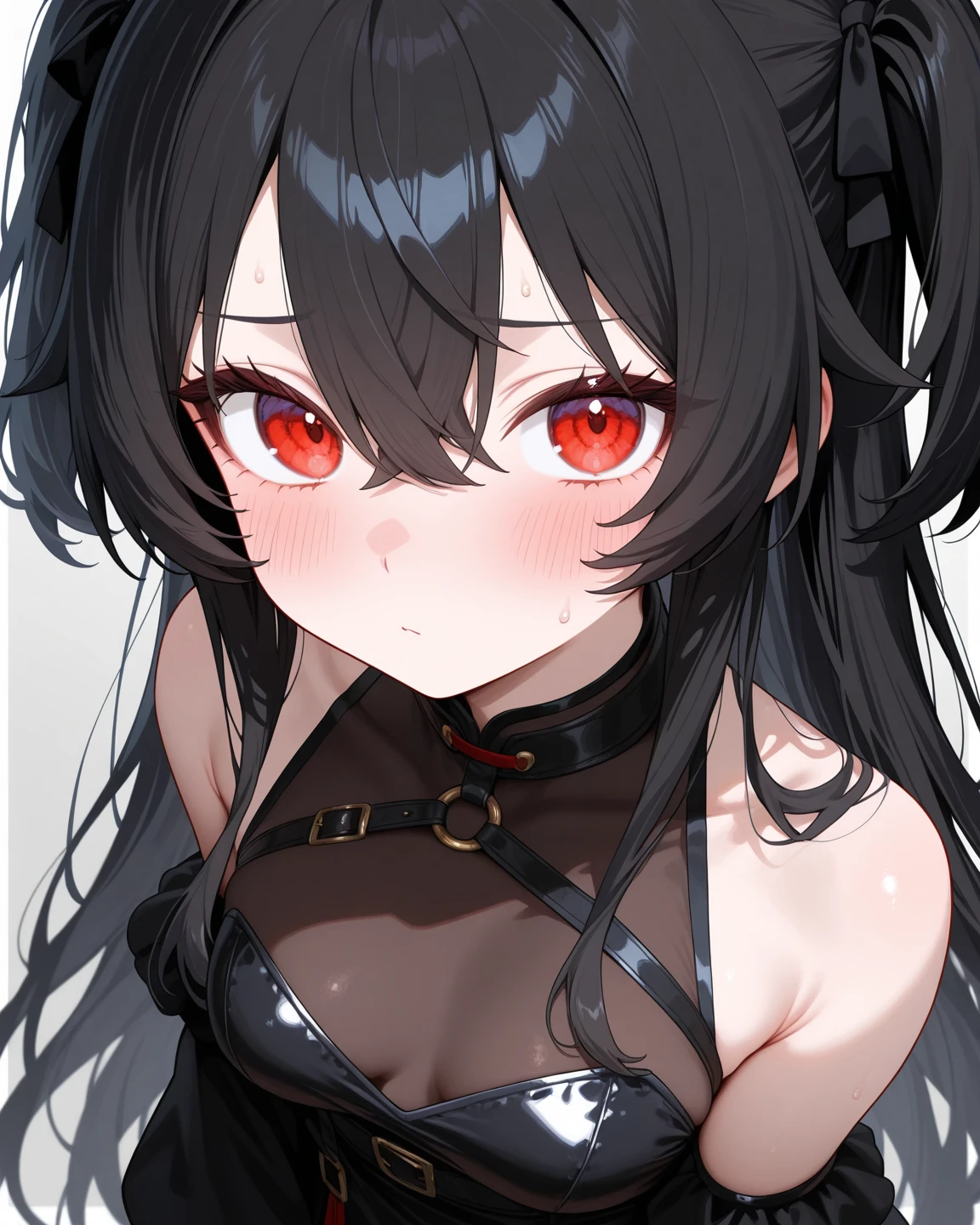 Una chica de cabello negro ojos rojos rasgados, long eyelashes, Cuerpo completo pechos grandes