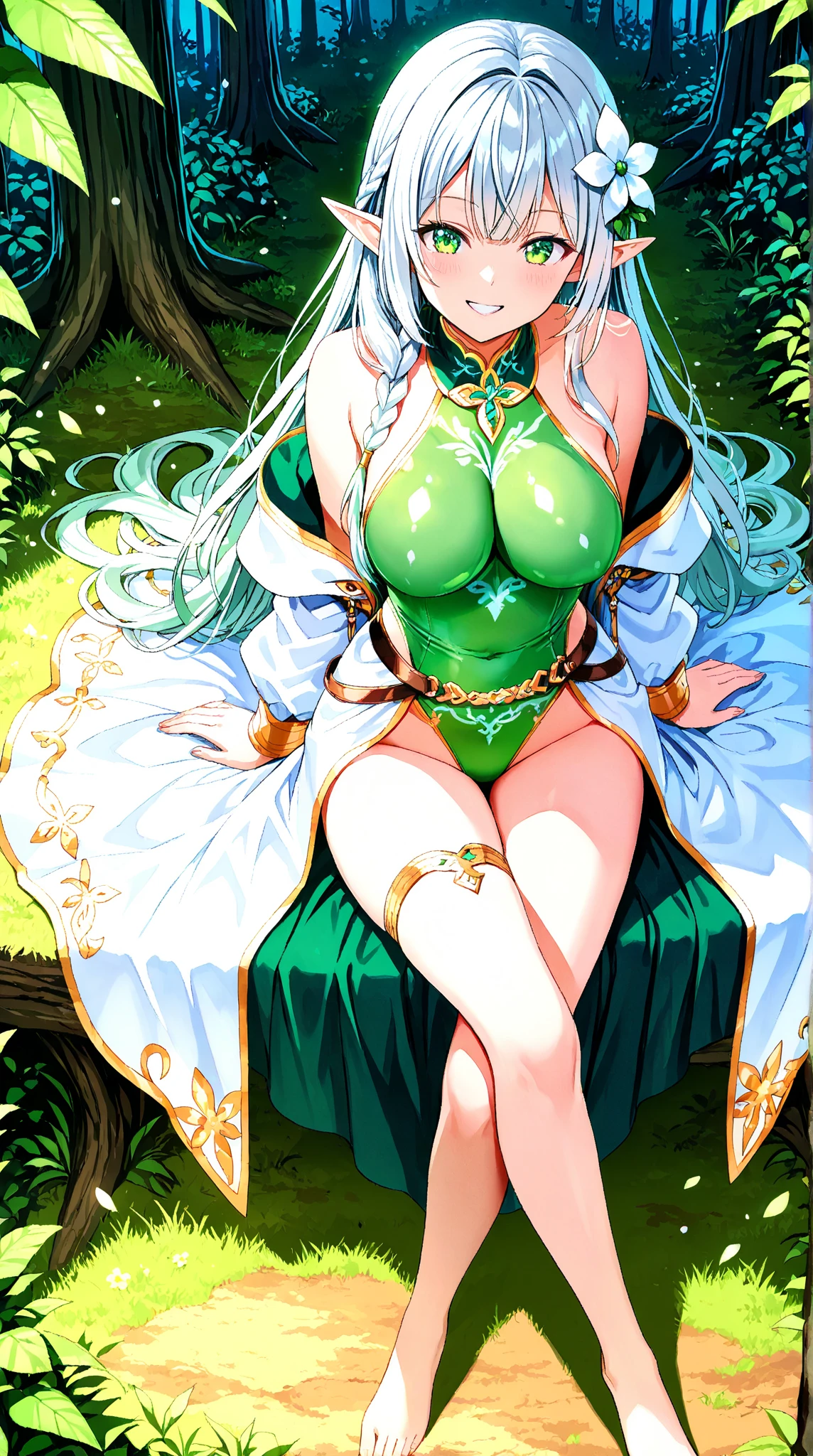 In the middle of a busy city park, the Giantess Goddess with emerald green skin and sapphire blue eyes steps over trees and benches. Her hair, a cascade of green leaves, sets the greenery ablaze. Normal-sized park-goers scatter, but many are caught and crushed underfoot. She scoops up the survivors, pressing them against her emerald curves, their struggles amplifying her pleasure.