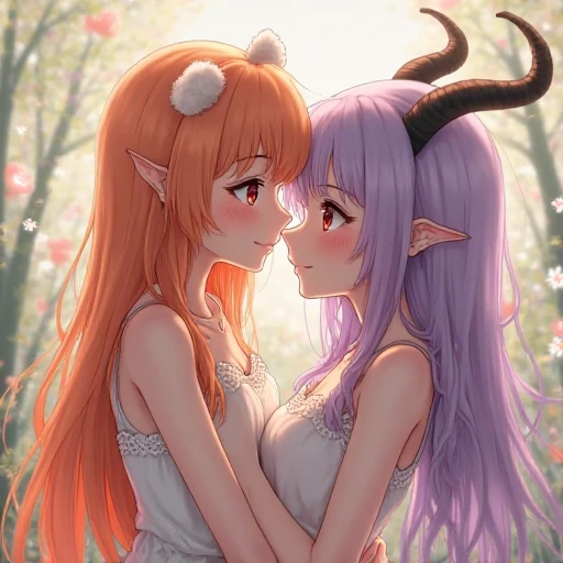 Two humanoid creatures, resting on a tree, extra arms, long hair, small horns
