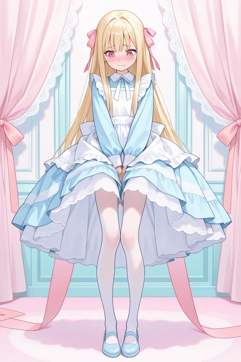 Standing footjob throw Standing footjob POV penis male leg Male masturbation throw hands penis Gold Tiara A princess in a frilly pink dress Beautiful long blonde hair Trampling on penis Sadistic smile Cum on feet Long skirt