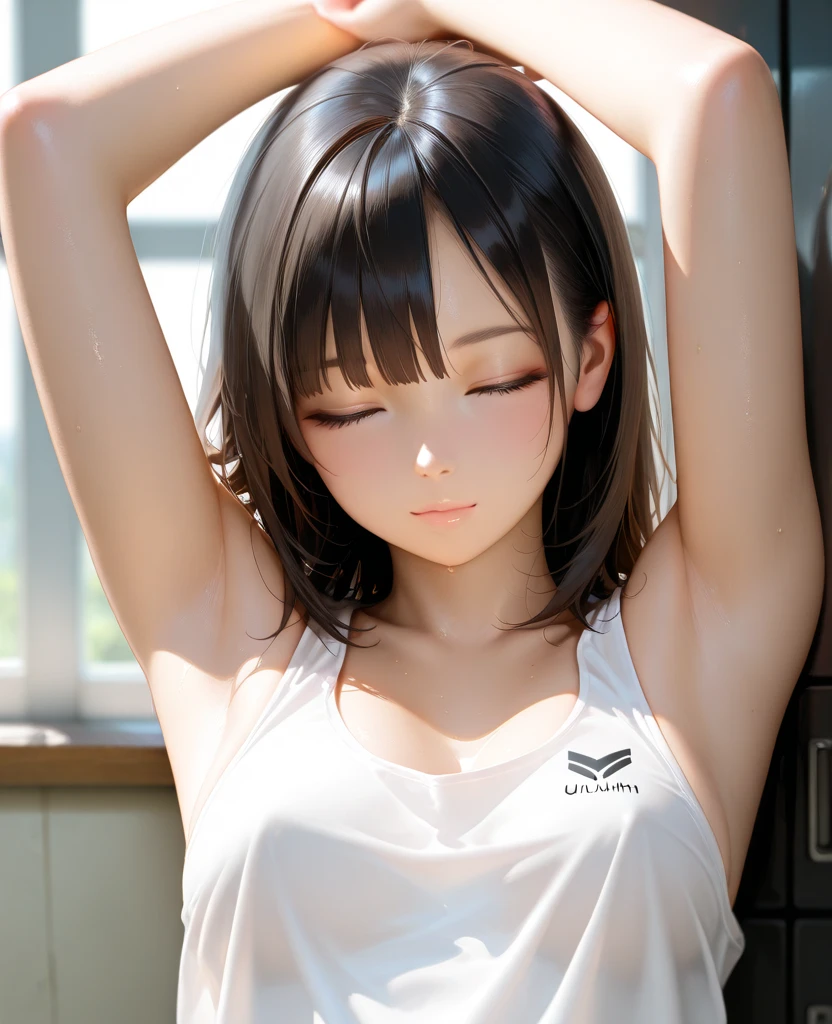 Tabletop, Highest quality,
Japanese, (( With a girl: 1.1 )), ((18-year-old)), (Medium chest:1.0), flat chest,(Armpit Hair),
Light brown hair, Round face, Hidden weapons, behind,
White tank top, Low-rise pants, indoor, (sight: 1), Sitting, ((Bedroom)), Looking up from below, (The face of temptation: 1.2), Underarm, Spread your legs, Spread your legs,nsfw