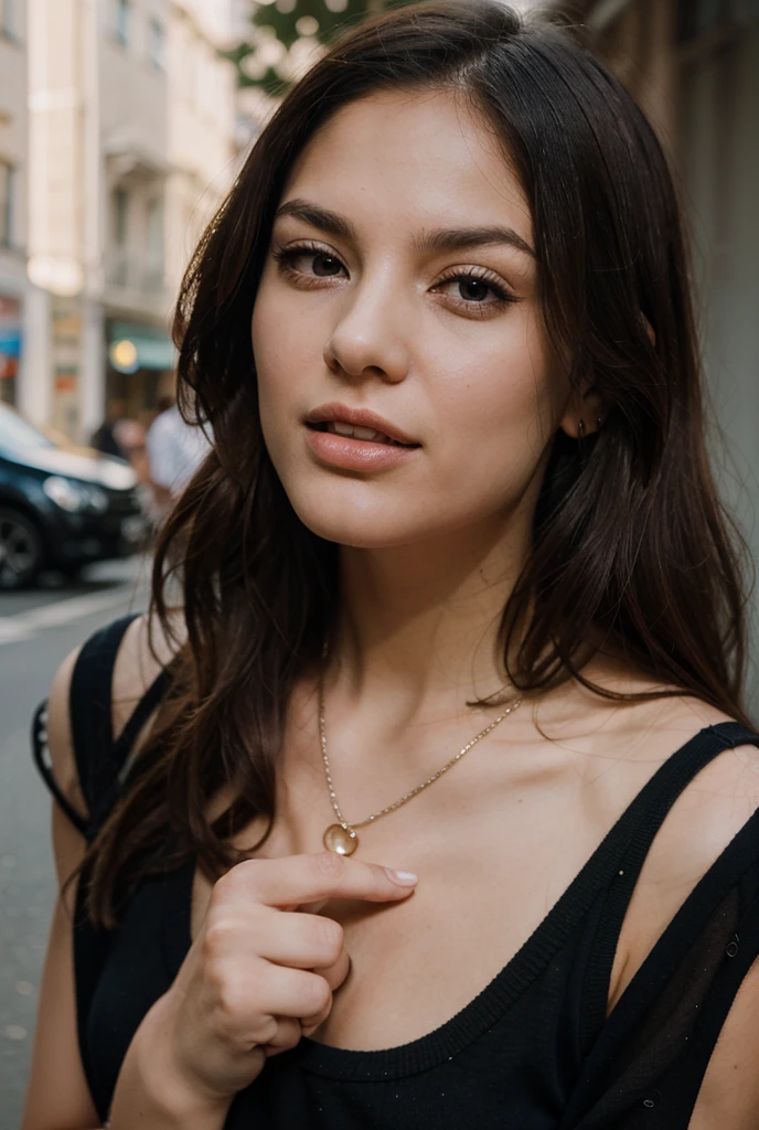 1girl in, age 25, Square face, Long hair, Looking at Viewer, jewelry, Realistic, A sexy, Maxi dress outfits, multicolored outfits, Bokeh lights background, sleep pose