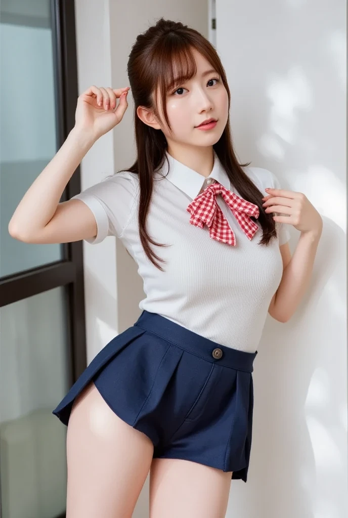 ((highest quality)), ((masterpiece)), perfect face、驚くほどcute 、japanese woman、20 year old female、 very big breasts、nice skin、glowing skin、nice thighs、Shining thighs、 shining legs、Japanese school、Eyes that invite、beautiful eyes、cute、neatly arranged fingers、You can see her beautiful see-through pants、とてもcute、very beautiful thighs、very big breasts、beautiful bust、smile、nude、beautiful nude body、Glamour、Chubby、big ass、looking at camera、cute目、Big eyes、Left and right balanced eyes、Big eyes、Very beautiful big eyes、Wearing Japanese school uniform、 Japanese schoolの制服、surreal 、dress like a high school girl、skirt up、panty shot、white panties、20歳のjapanese woman