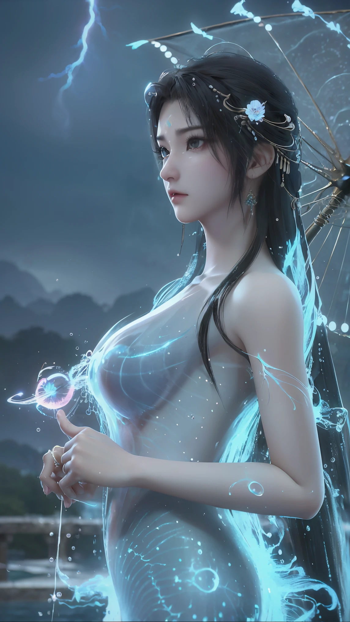 ultra detailed 8k cg, ultra realistic, masterpiece, Vibrant rim light, In a country full of magic, Silhouette of a Chinese girl illuminated, Gorgeous and luxurious Hanfu，(((Dream world)))、((best quality))、((master piece))、((super resolution imaging))、detail、GdClth、（photo realism：1.urreal realism))、(((dream-like)))、((beautiful goddess))、((accurate anatomy))、((Phoenix))、((Peacock))、((moon))、(((rain)))、((thunder))、(((lightning)))、(((Bubble)))、(((Soap bubble)))、((nautilus))、((fish betta))、(((fantasy creation))) ，(((biopunk nautilus)))，(((thrilling color scheme)))，(((surreal realism)))，(((abstraction)))，(((psychedelia)))，(((A swirling image))), (((フラクタルアートのBubble))), (cowboy shot, wide shot,)、そして巨大な胸は超Big Breastsのシーンに映画のような雰囲気を加えます,((( overflowing breasts )))
