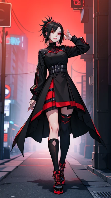 a beautiful girl with red hair wearing a black dress, detailed facial features, bob haircut, full body illustration, woman wearing a long black and red coat, solo character, white background, anime style, highly detailed, photorealistic, 8k, best quality, masterpiece, blue eyes, short hair
